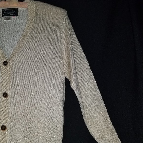 Vintage 90s Rochelle Lurex Gold Cardigan Button Front Sweater Medium Old Money - Picture 4 of 7